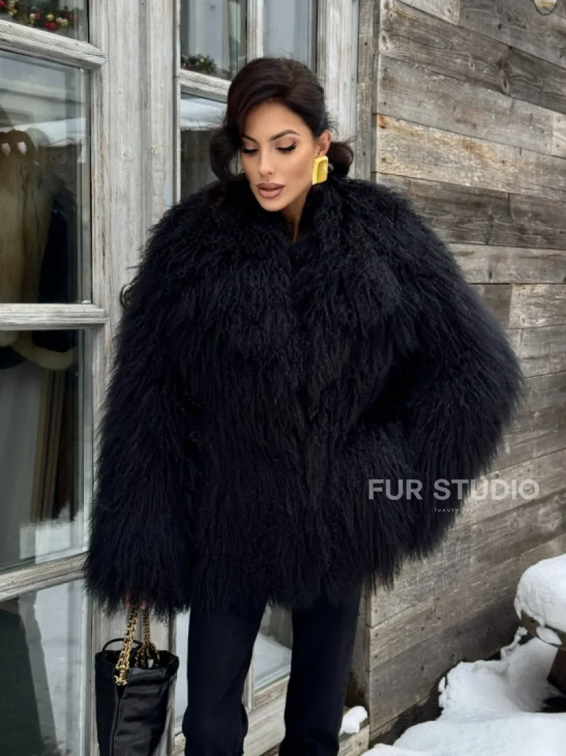 Черная шуба из натурального меха ламы - английский воротник PREMIUM COLLECTION - фото 6