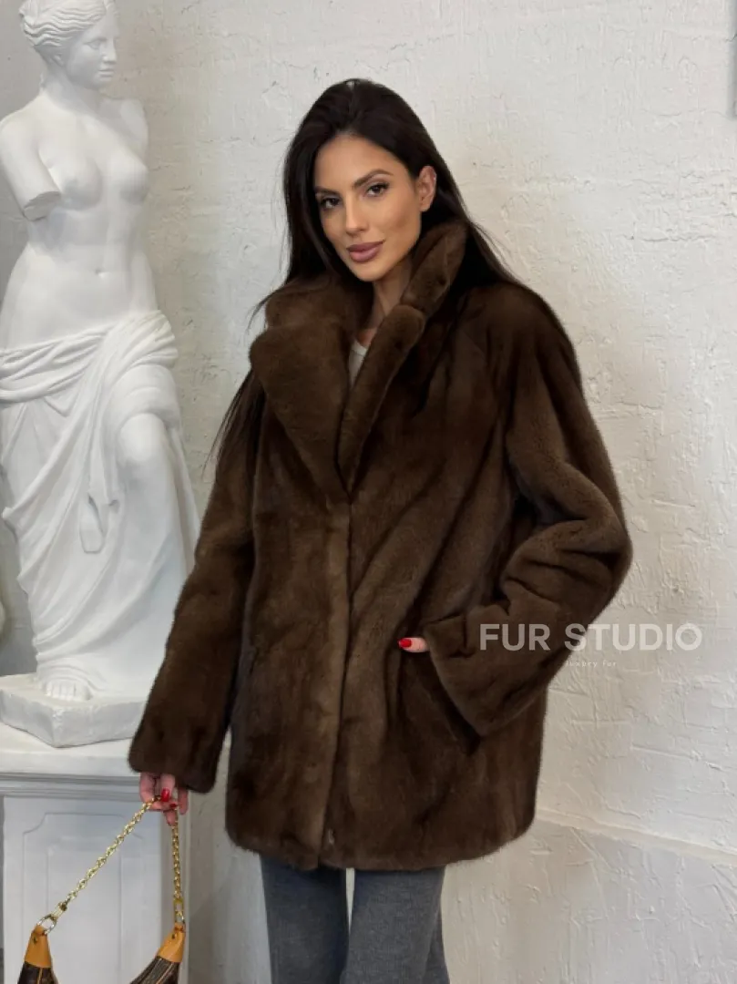 Женский жакет - полушубок Oversize из плюшевой норки Velvet английский воротник - фото 7