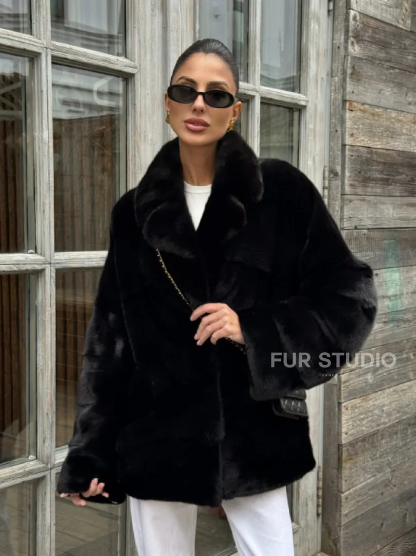Черный короткий полушубок из плюшевой норки VELVET с английским воротником