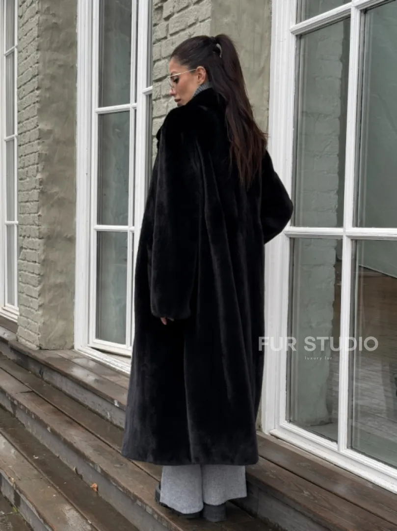 Шуба из канадской аукционной норки с английским воротником - Total black - фото 6