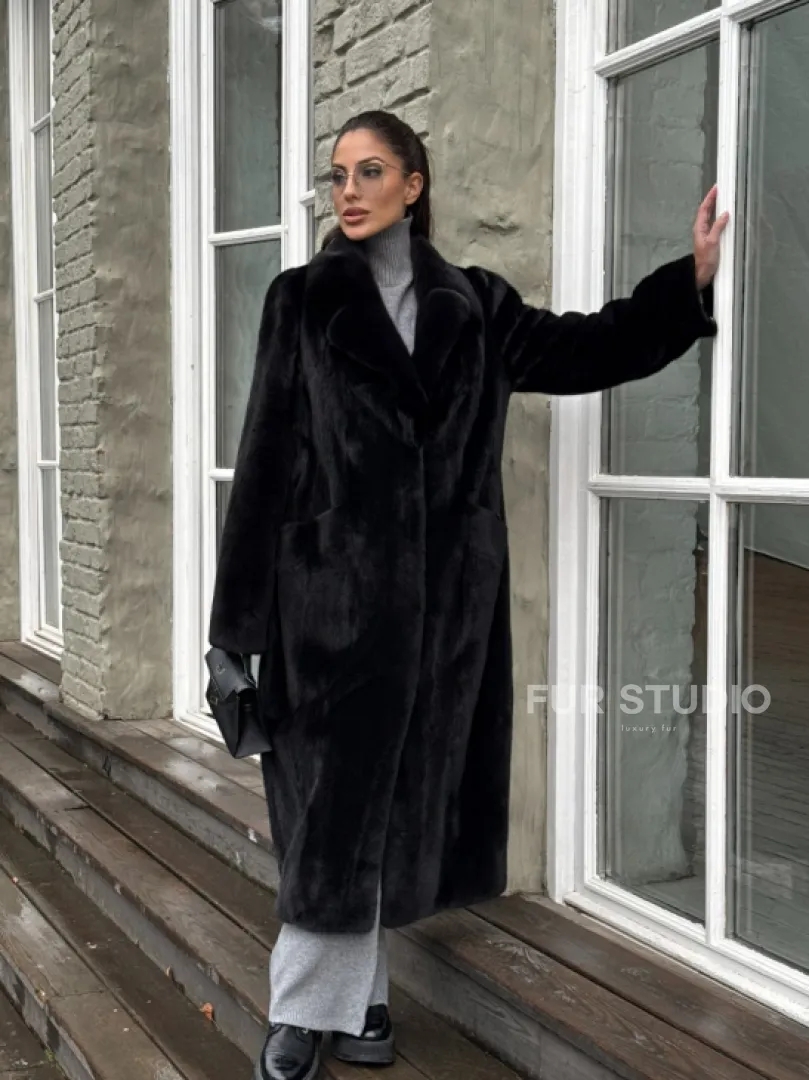 Шуба из канадской аукционной норки с английским воротником - Total black - фото 11