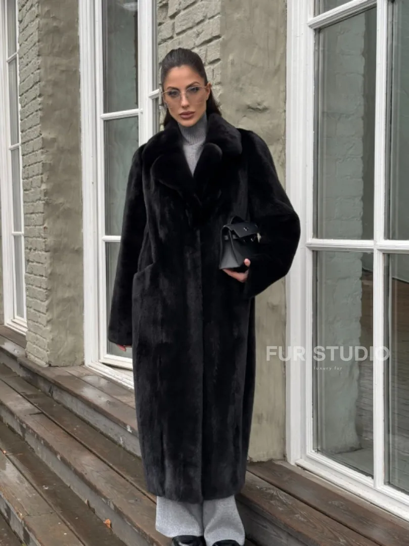 Шуба из канадской аукционной норки с английским воротником - Total black - фото 10