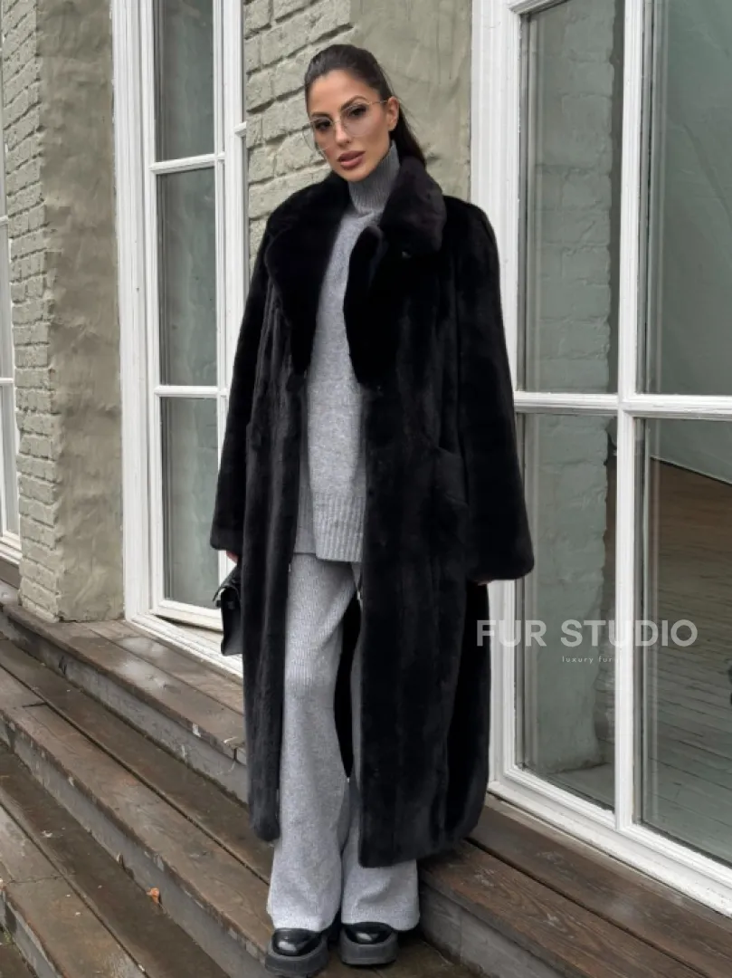 Шуба из канадской аукционной норки с английским воротником - Total black - фото 4