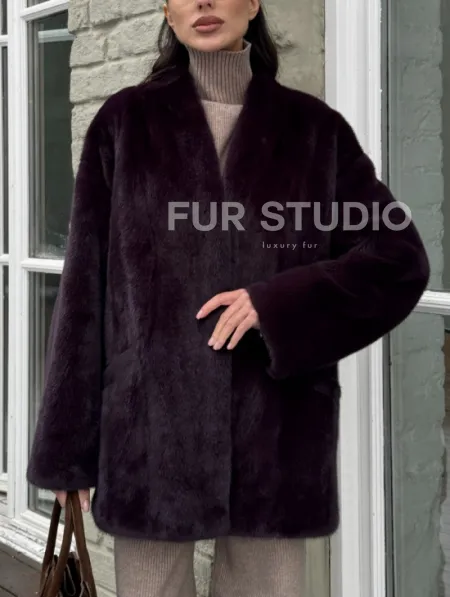 Короткий женский полушубок из меха норки VINTAGE BURGUNDY - фото 2