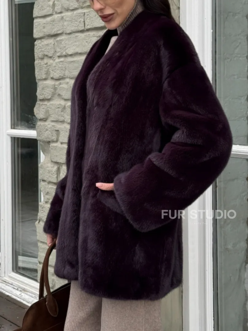 Короткий женский полушубок из меха норки VINTAGE BURGUNDY