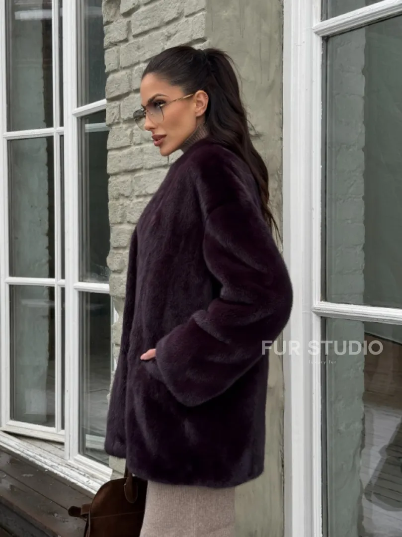 Короткий женский полушубок из меха норки VINTAGE BURGUNDY - фото 6