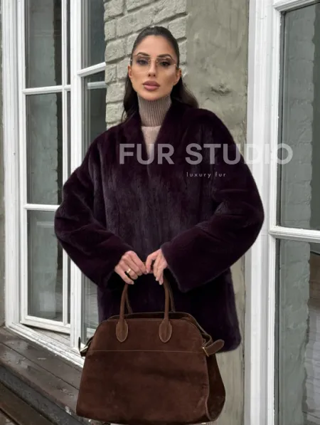 Короткий женский полушубок из меха норки VINTAGE BURGUNDY - фото 4