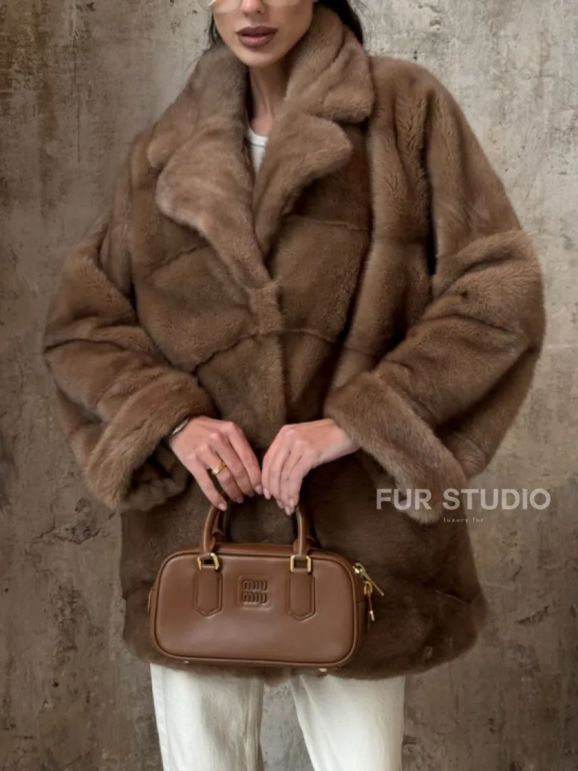 Полушубок из натуральной норки пастель с английским воротником - паркет - фото 2