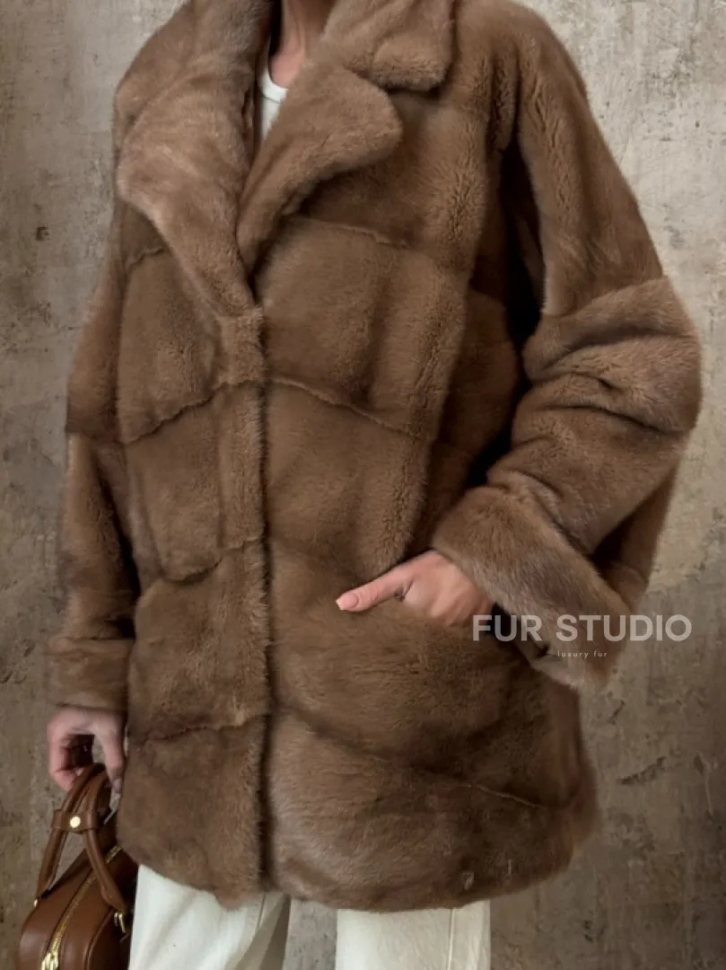 Полушубок из натуральной норки пастель с английским воротником - паркет - фото 1