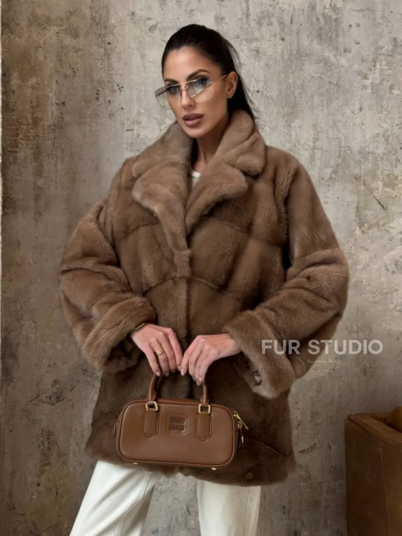 Полушубок из натуральной норки пастель с английским воротником - паркет - фото 5