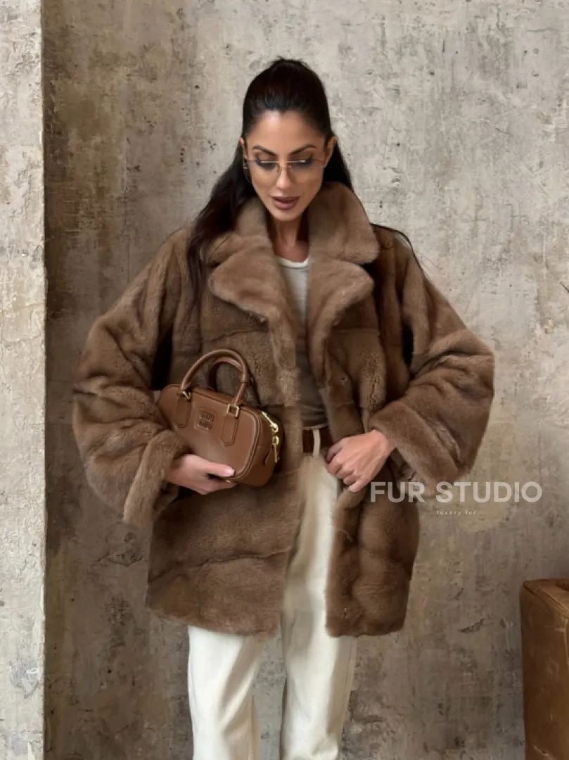 Полушубок из натуральной норки пастель с английским воротником - паркет - фото 8