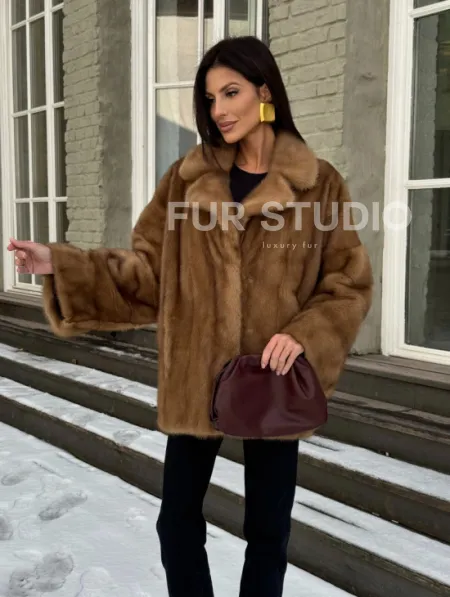 Норковый полушубок Vintage Gold с английским воротником - фото 12