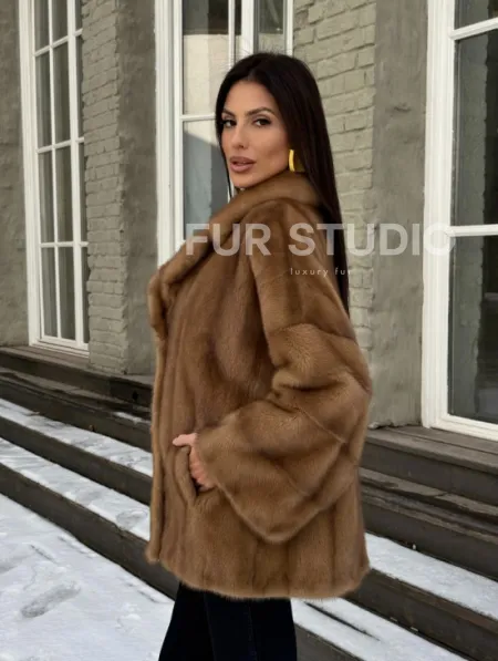 Норковый полушубок Vintage Gold с английским воротником - фото 9