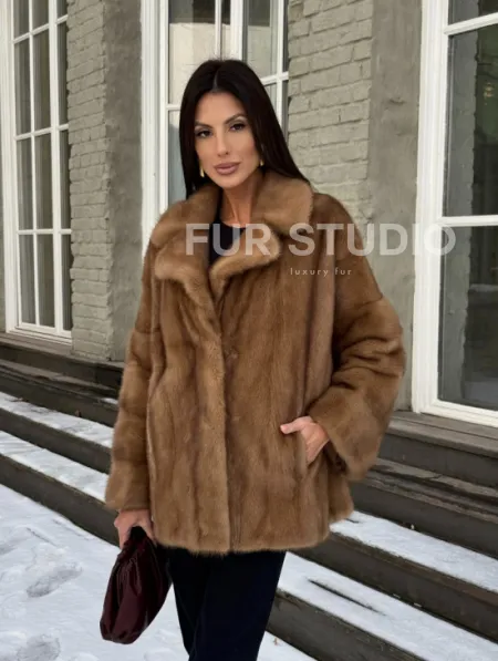 Норковый полушубок Vintage Gold с английским воротником - фото 11