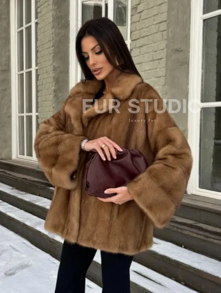 Норковый полушубок Vintage Gold с английским воротником - фото 8