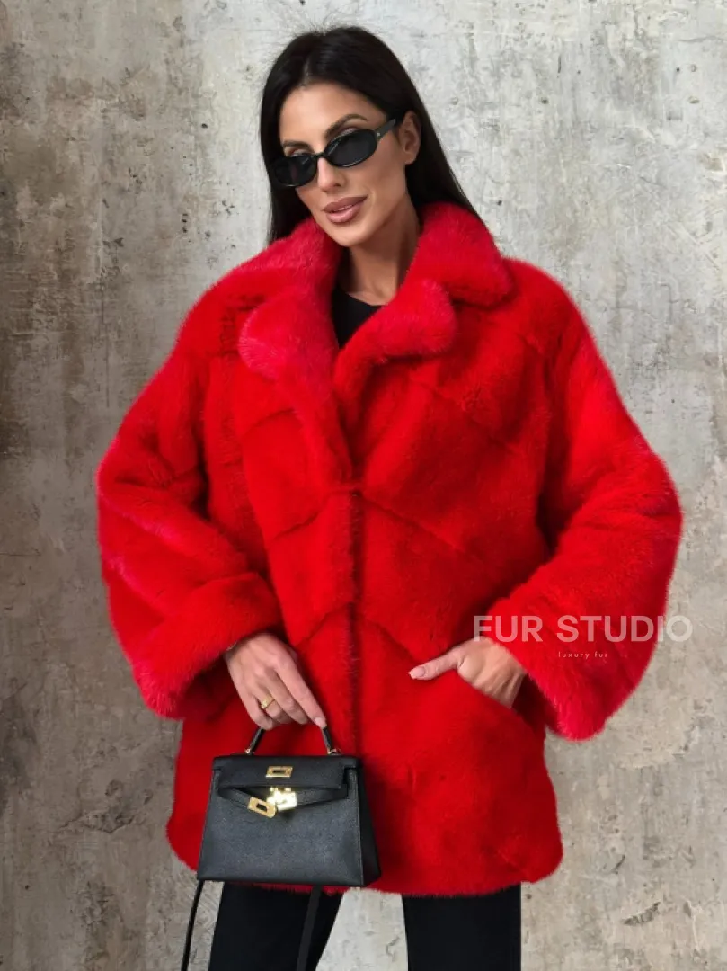 Красный полушубок из натурального меха норки - фото 0