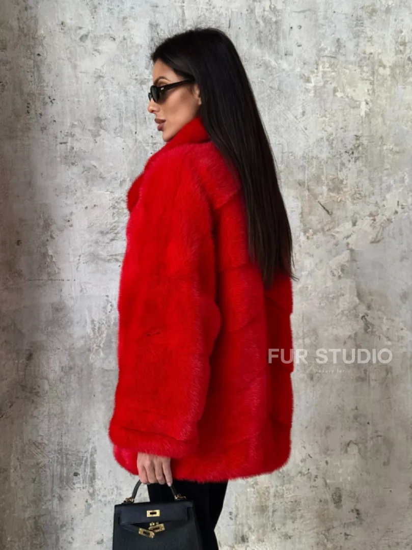 Красный полушубок из натурального меха норки - фото 4