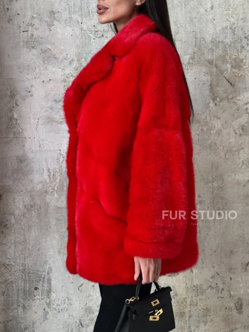 Красный полушубок из натурального меха норки - фото 3