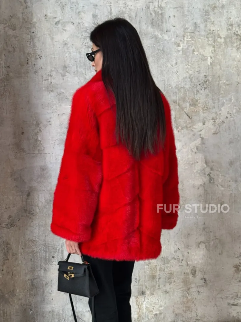 Красный полушубок из натурального меха норки - фото 6