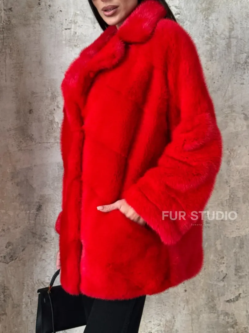 Красный полушубок из натурального меха норки - фото 2