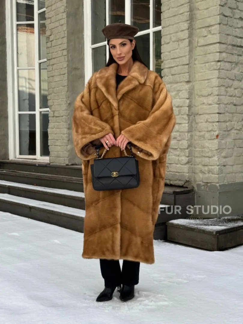 Женское меховое пальто оверсайз, стиль - Бохо из скандинавской норки GOLD - фото 11