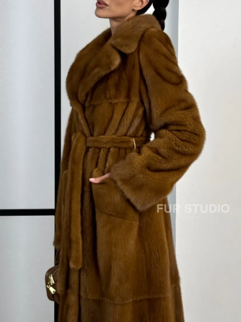 Классическая длинная норковая шуба под пояс - английский воротник - фото 3