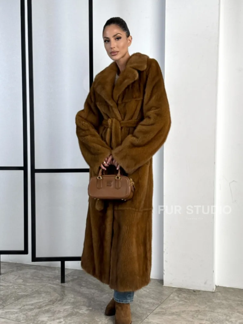 Классическая длинная норковая шуба под пояс - английский воротник - фото 15