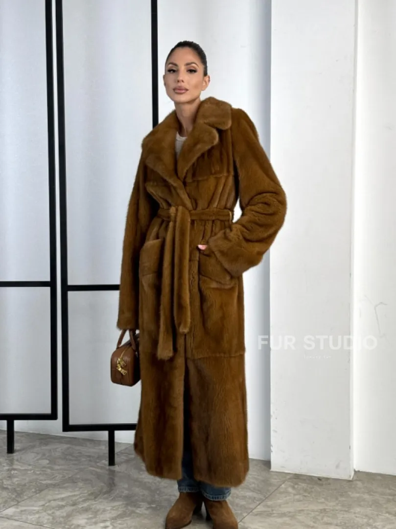 Классическая длинная норковая шуба под пояс - английский воротник - фото 18