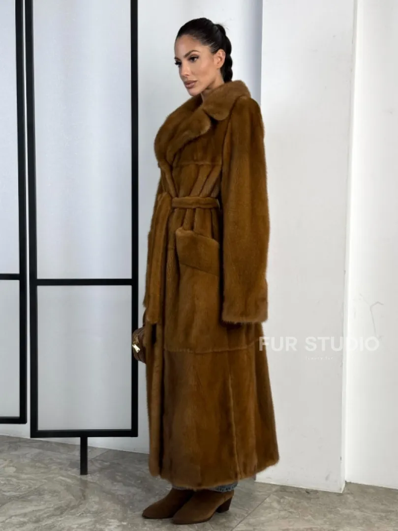 Классическая длинная норковая шуба под пояс - английский воротник - фото 7