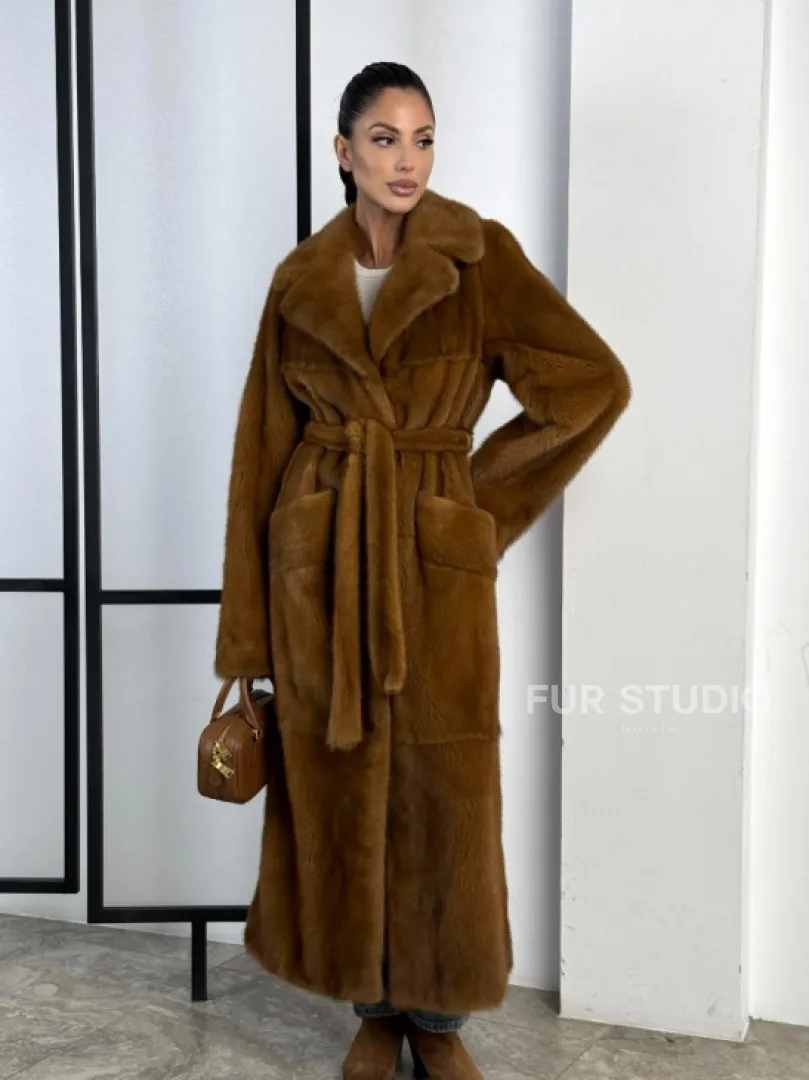 Классическая длинная норковая шуба под пояс - английский воротник - фото 14