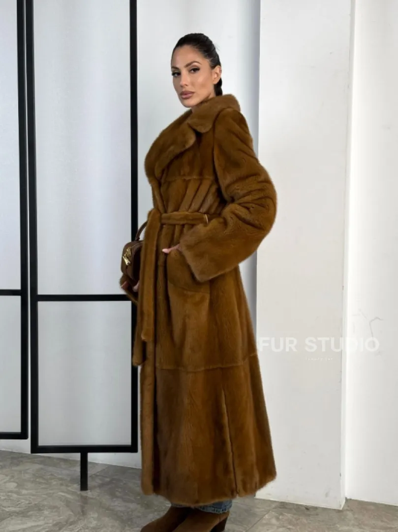 Классическая длинная норковая шуба под пояс - английский воротник - фото 13