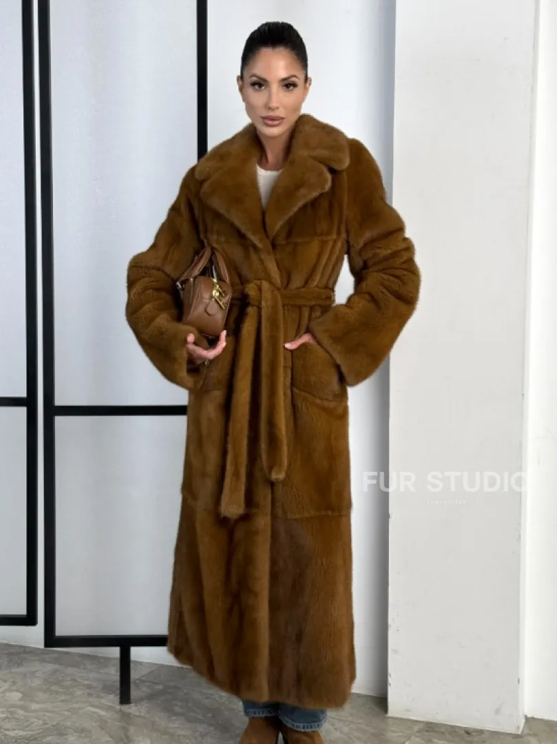 Классическая длинная норковая шуба под пояс - английский воротник - фото 0