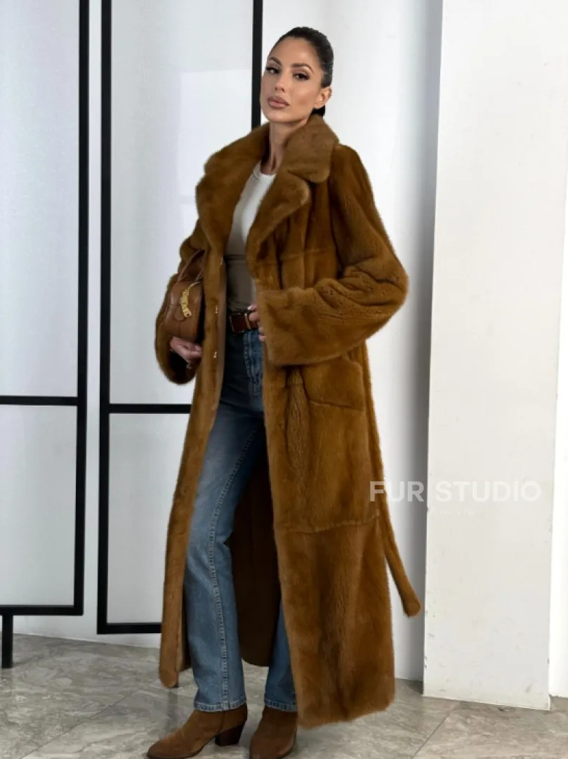 Классическая длинная норковая шуба под пояс - английский воротник - фото 8