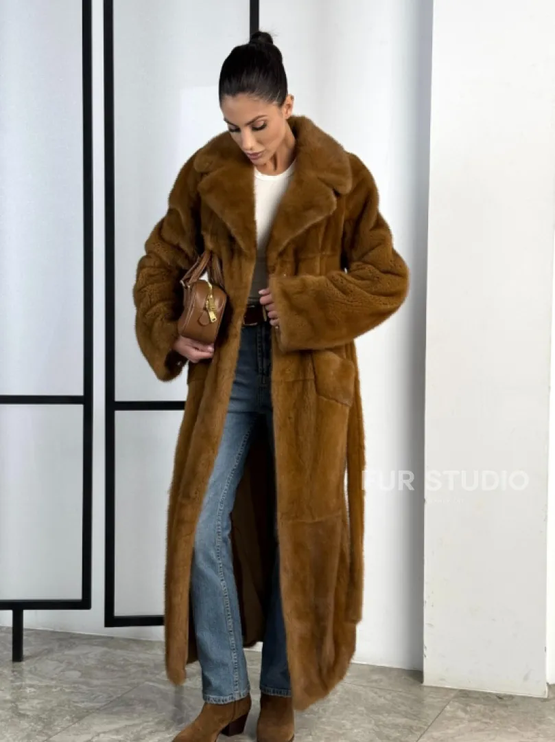 Классическая длинная норковая шуба под пояс - английский воротник - фото 10