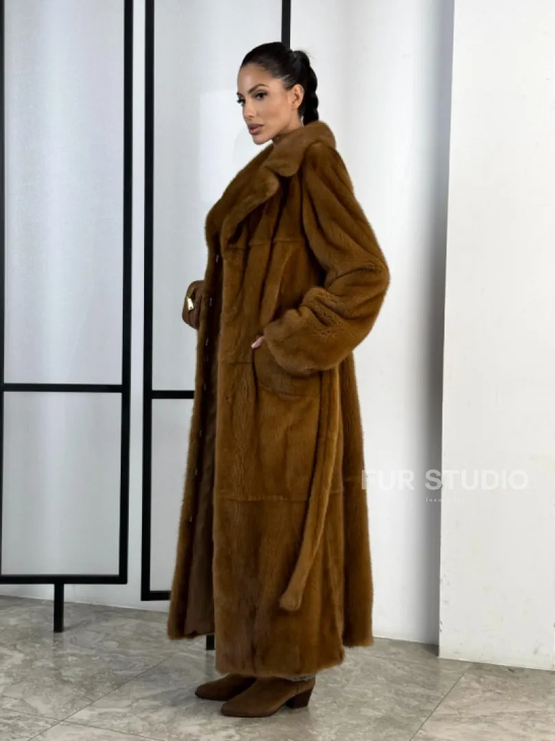 Классическая длинная норковая шуба под пояс - английский воротник - фото 12