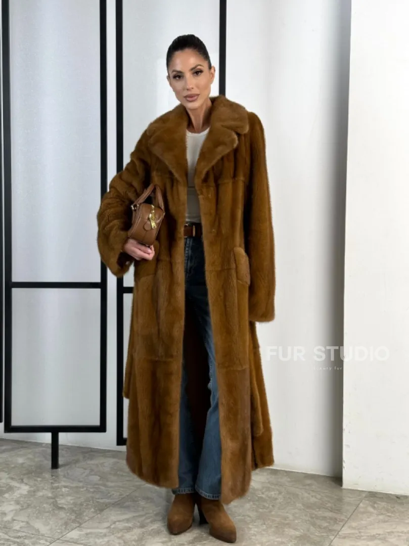 Классическая длинная норковая шуба под пояс - английский воротник - фото 17