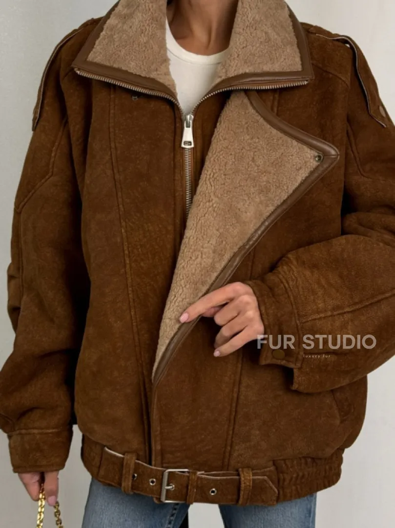 Зимняя натуральная замшевая куртка - дубленка с лацканами