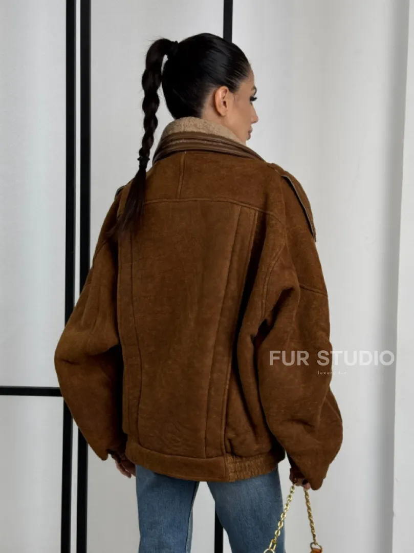 Зимняя натуральная замшевая куртка - дубленка с лацканами