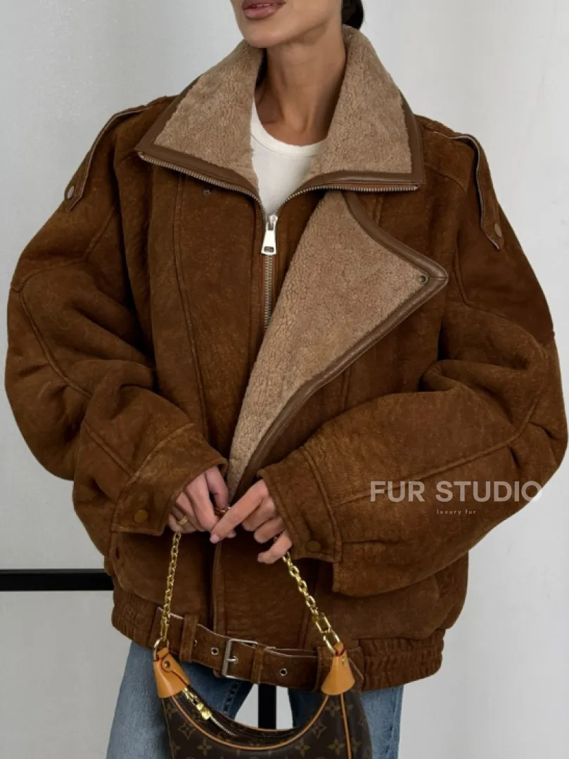 Зимняя натуральная замшевая куртка - дубленка с лацканами