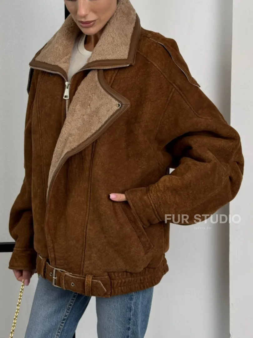 Зимняя натуральная замшевая куртка - дубленка с лацканами