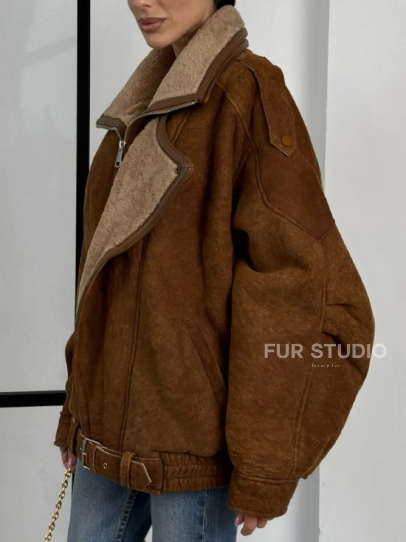 Зимняя натуральная замшевая куртка - дубленка с лацканами