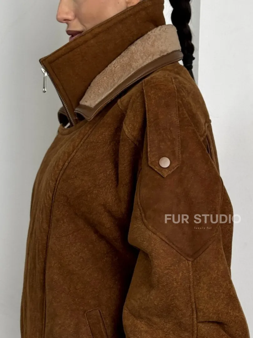 Зимняя натуральная замшевая куртка - дубленка с лацканами
