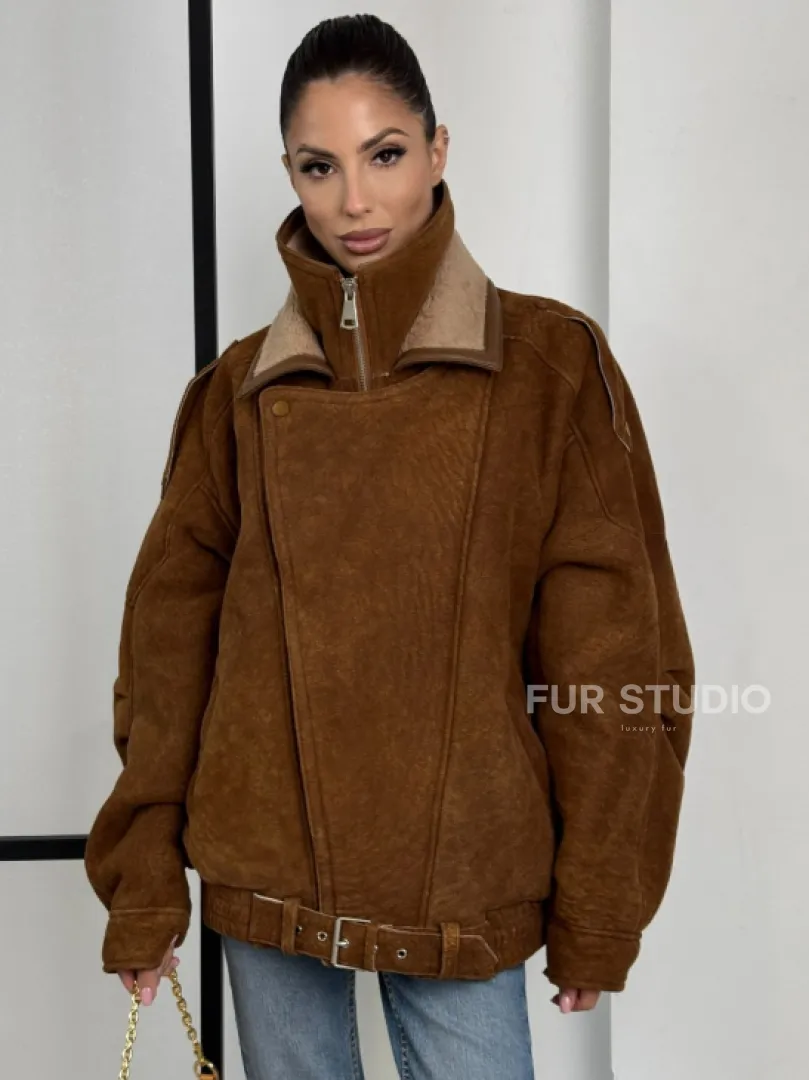 Зимняя натуральная замшевая куртка - дубленка с лацканами