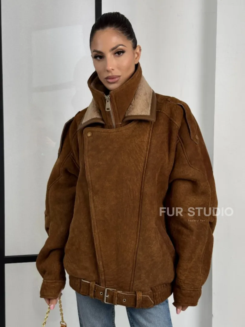Зимняя натуральная замшевая куртка - дубленка с лацканами