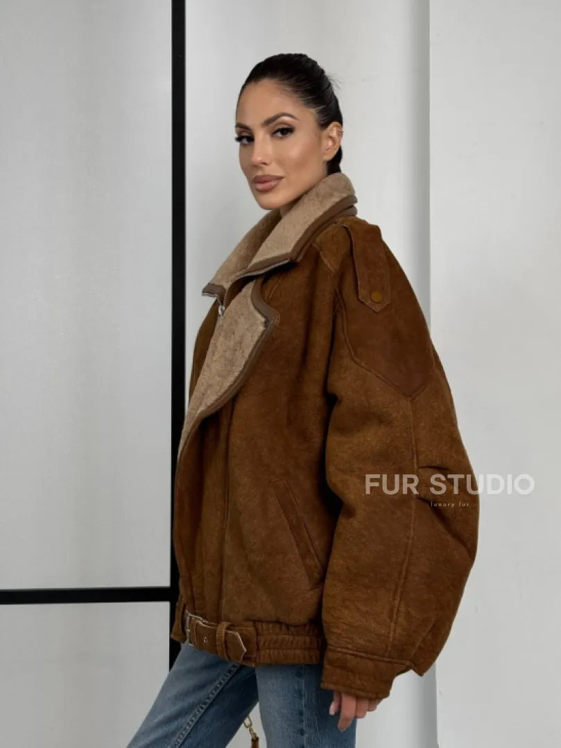 Зимняя натуральная замшевая куртка - дубленка с лацканами