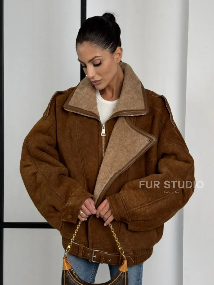 Зимняя натуральная замшевая куртка - дубленка с лацканами
