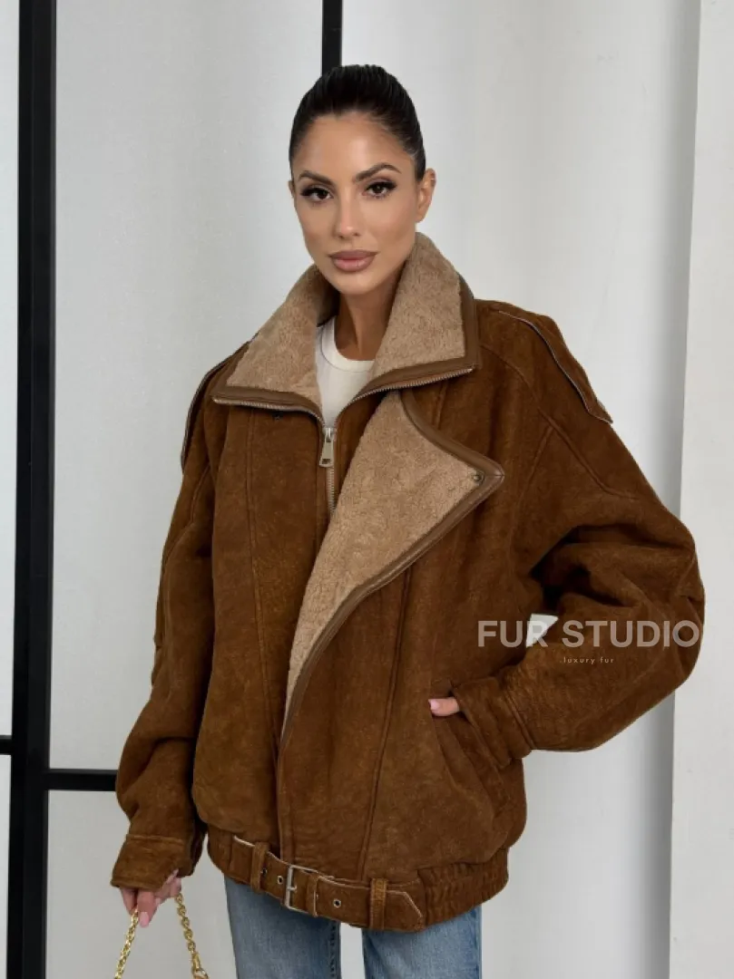 Зимняя натуральная замшевая куртка - дубленка с лацканами