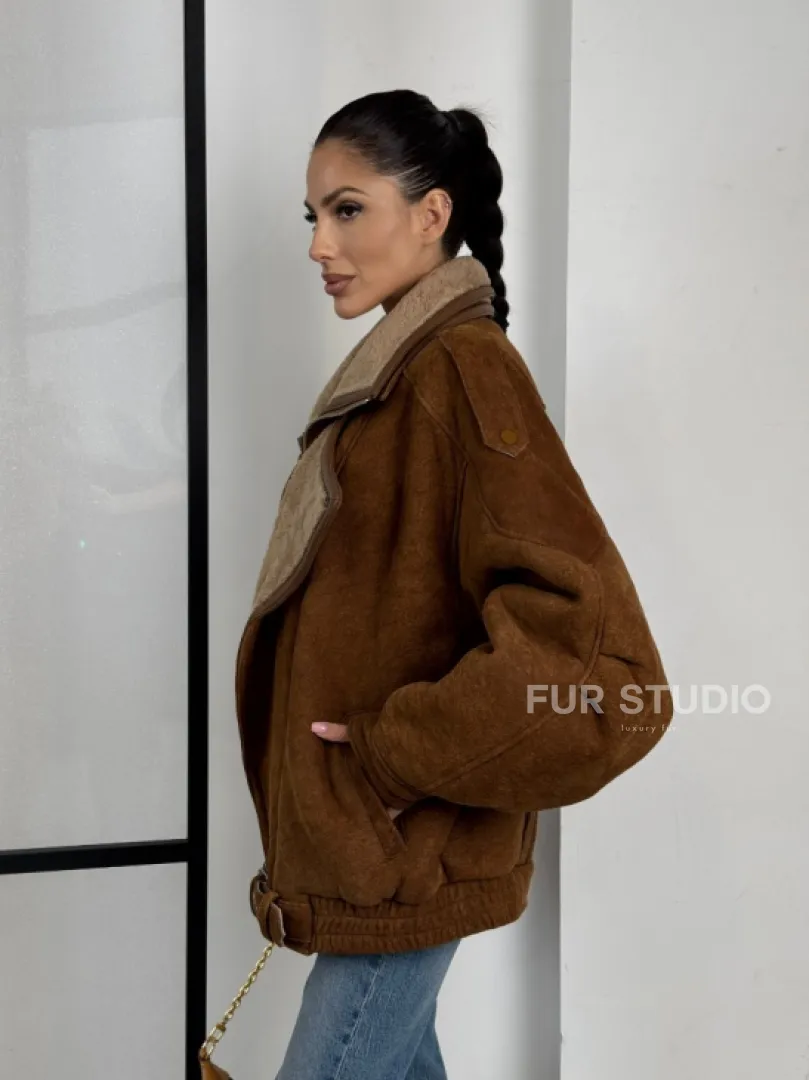 Зимняя натуральная замшевая куртка - дубленка с лацканами