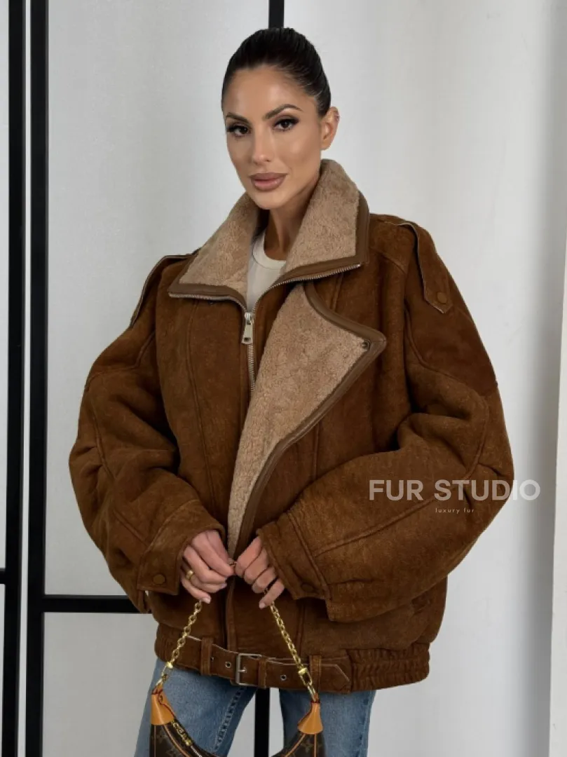 Зимняя натуральная замшевая куртка - дубленка с лацканами