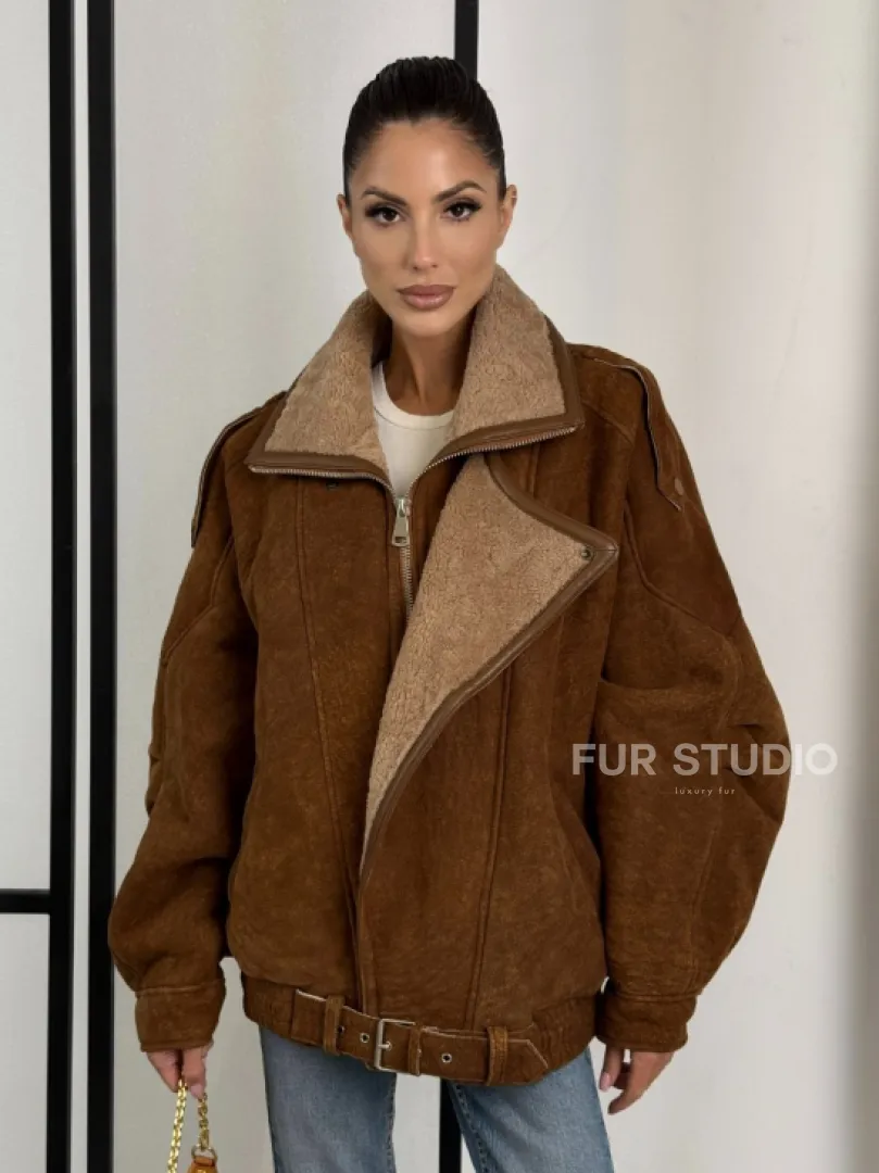 Зимняя натуральная замшевая куртка - дубленка с лацканами